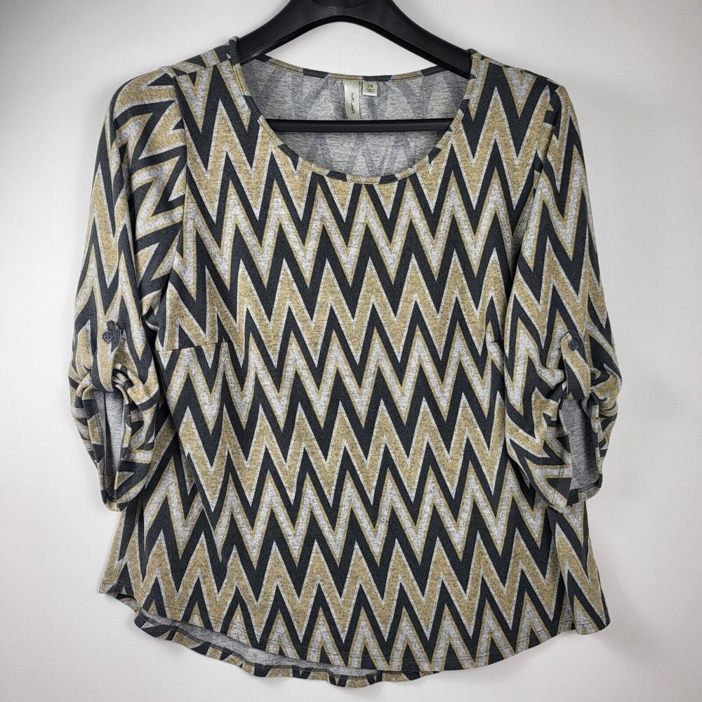 TACERA Chevron Stripe Blouse Tunic Top Size 2X Black Cream Gray Roll Tab Sleeves